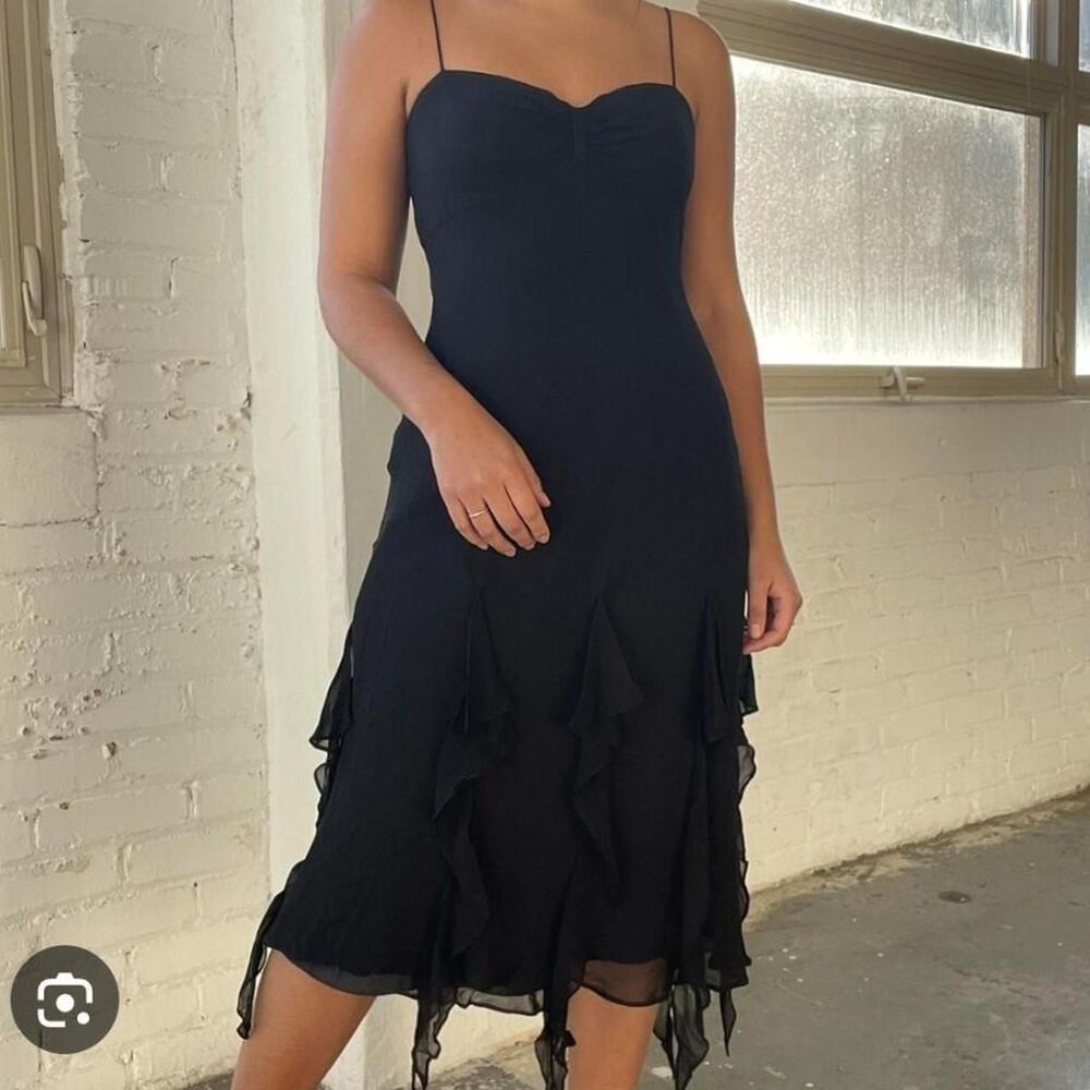 Women's Vintage 1990s Nine West Pure Silk Ruffle Black Bodycon Midi Length Dress